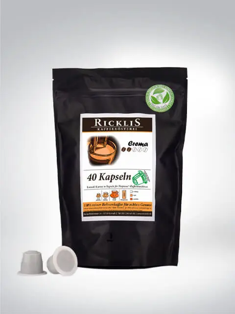 Packung mit 40 Kaffeekapseln von Ricklis Kaffeerösterei, aromatischer Kaffee in biologisch abbaubarer Verpackung