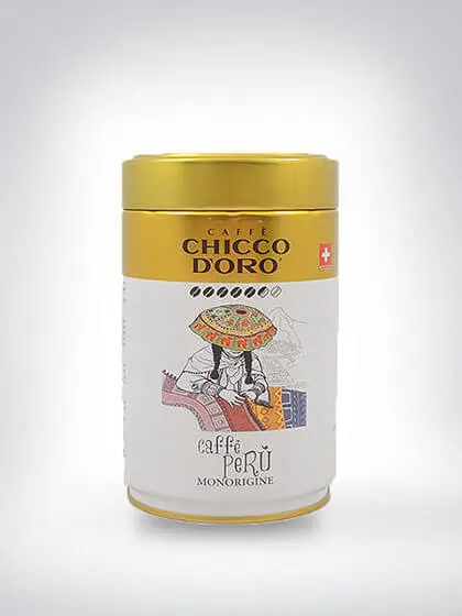 Dose mit Chicco d'Oro Caffè Perú Monorigine, verziert mit traditionellem peruanischem Design