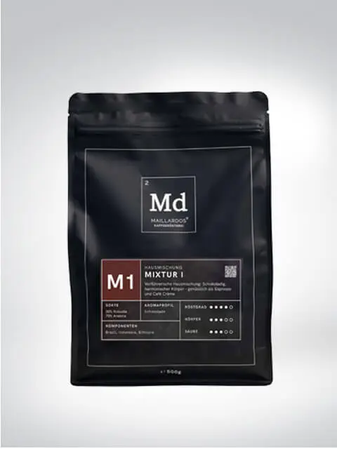 Produktbild einer schwarzen Packung Maillardos Kaffeehaus M1 Hauptmischung Mixtur I, 500g Kaffee im modernen Design