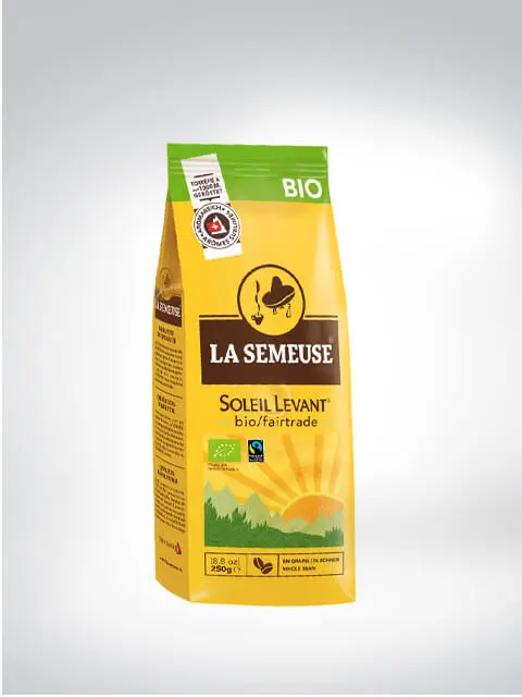 Packung La Semeuse Soleil Levant Bio Fairtrade Kaffee, 250g, zeigt Bio- und Fairtrade-Siegel