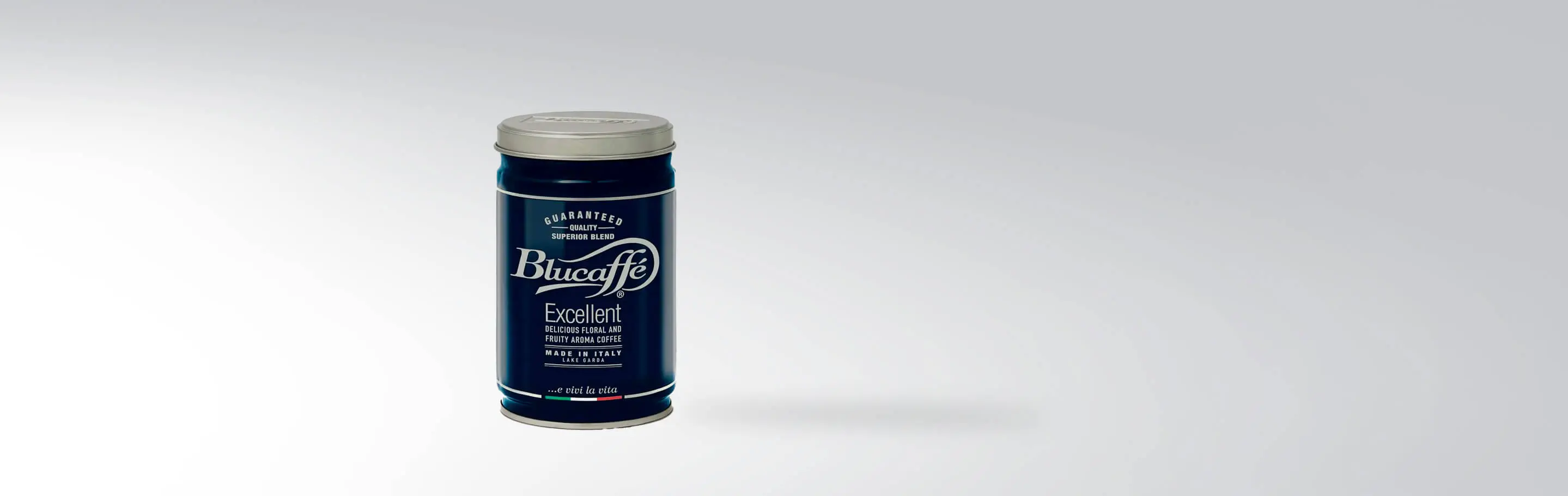 Blue Blucaffè tin with the label 'Excellent Coffee, Floral and Fruity Aroma, Made in Italy'