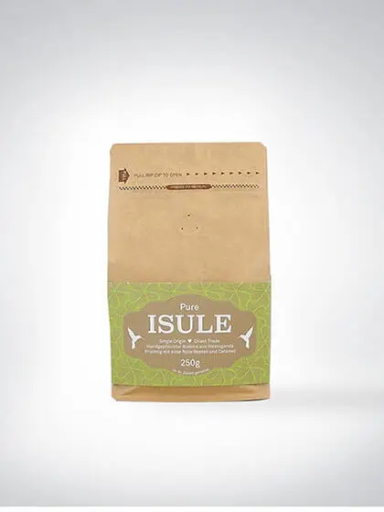 Braune Verpackung mit grünem Etikett von Isule Kaffee, 250g
