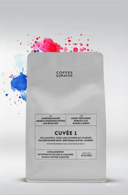 Kaffeeverpackung für Coffee Curator Cuvée 1 mit ungew. Arabica aus Brasilien und Honey Processed Robusta aus Guinea, mittel-dunkler Röstgrad