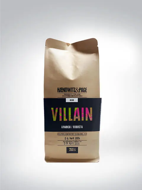 Verpackung des Haenowitz & Page Villain Kaffees, Mischung aus Arabica und Robusta, 250g