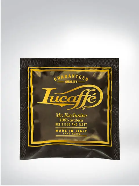 Verpackung von Lucaffé Mr. Exclusive 100% Arabica Kaffeepads mit 15 Kapseln, aromatisch und karamellig