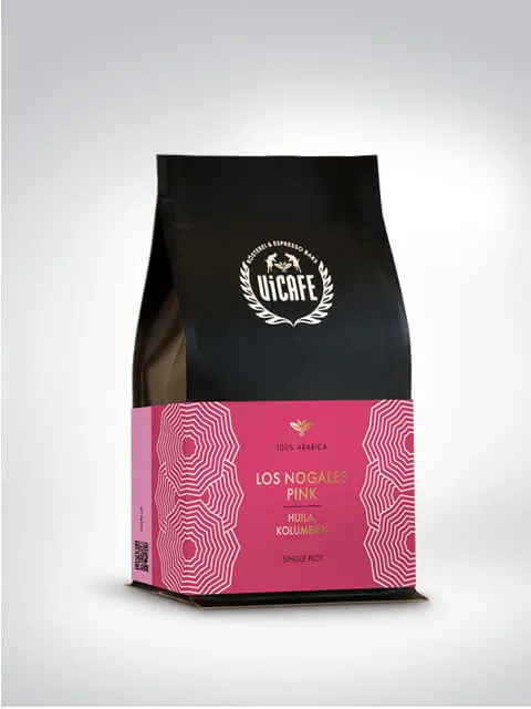 Eine Packung Los Nogales Pink Kaffee, 100% Arabica, Single Origin aus Huila, Kolumbien