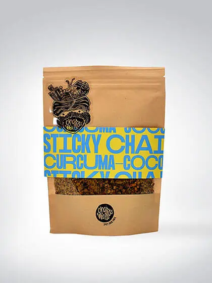 Verpackung von Sticky Chai mit Kurkuma und Kokosnuss von Crafty Wolf