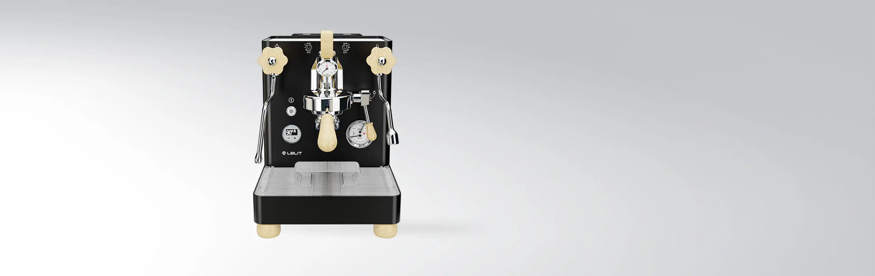 Espresso machine in retro design with stainless steel and lever arm, black body colour