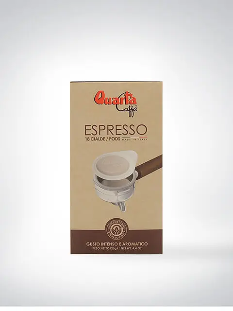 Verpackung der Quarta Caffè Espresso Pods mit 18 Stück, intensiver und aromatischer Geschmack