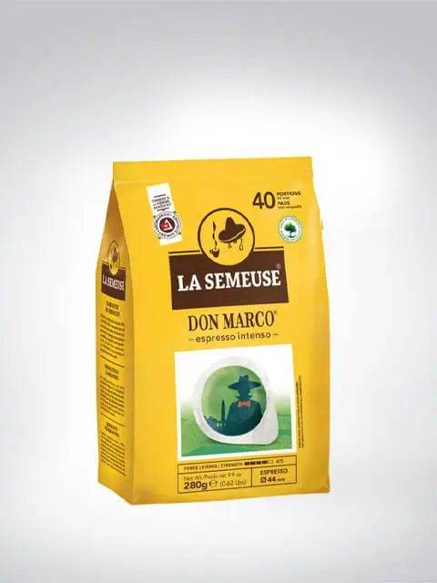 Gelbe Kaffeepackung der Marke La Semeuse, Don Marco Espresso Intenso, 280g, 40 Portionen.