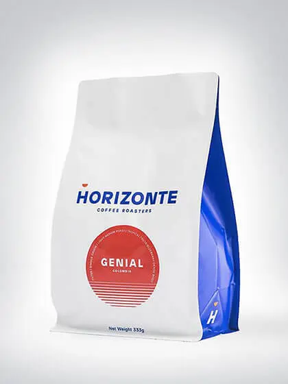 Verpackung des Horizonte Kaffees mit der Aufschrift Genial