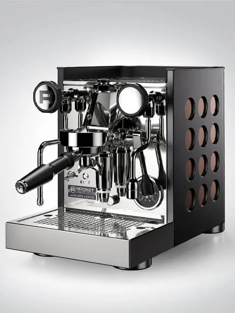 Espressomaschine aus Edelstahl mit schwarzem Gehäuse und modernem Design