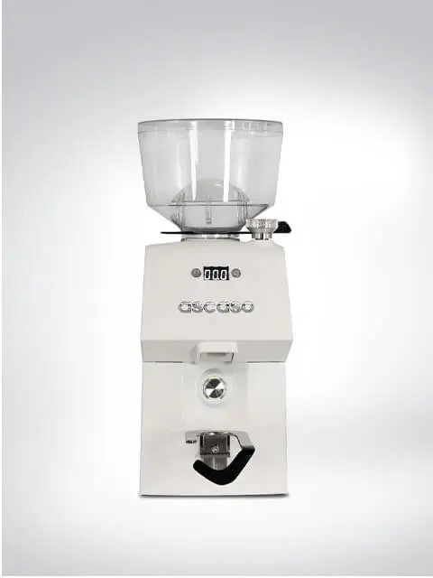 Front view of a white Ascaso electric coffee grinder