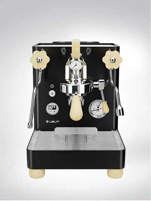 Elegant portafilter machine with dual boiler system, black body, and wooden handles