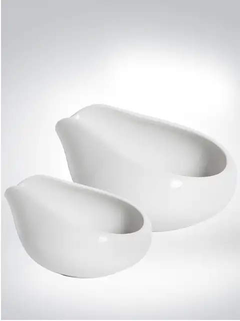 Two modern, white ceramic bowls in an elegant shape