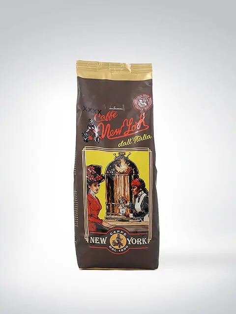 Verpackung der Caffè New York Kaffeebohnen mit Vintage-Design