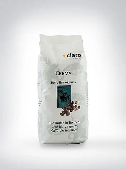 Verpackung Claro Fair Trade Bio Kaffee Crema Pure Arabica Bohnen 500g