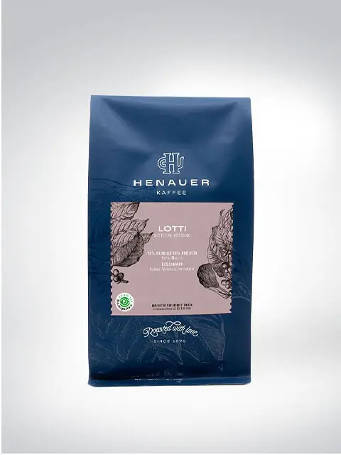 Verpackung des Villa Rosario Kaffees, P-14 Blend, 250g in einer hellblauen Tüte mit rotem Etikett und Clipverschluss