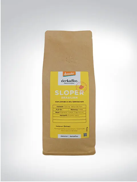 Verpackung von derkaffee SLOPER Brasilien, 100% Arabica Bio, gewaschen, 250g Bohnenkaffee