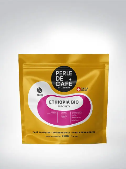 Packung Perle de Café Äthiopien Bio Spezialitätenkaffee, 250g, in goldener Verpackung