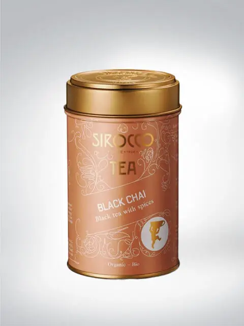 Dekorative Metalldose mit Sirocco Black Chai Bio-Schwarztee und Gewürzen