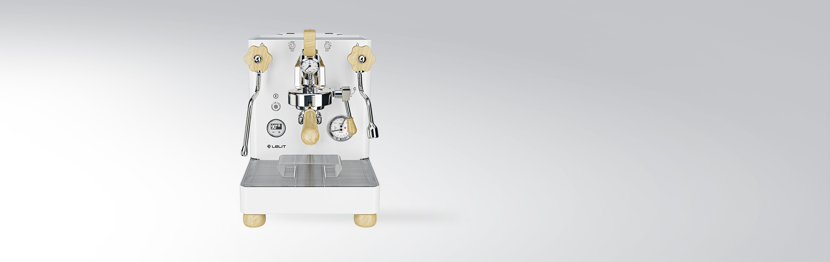 Modern espresso machine with wooden handles against grey background