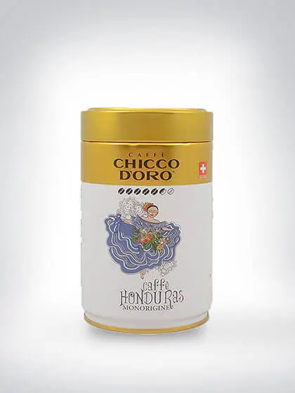 Dose Caffè Chicco d'Oro Honduras Monorigine mit goldenem Deckel und Design aus Honduras mit Schweizer Flagge auf der Verpackung.