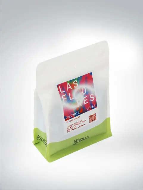 Package of Las Flores coffee, Colombia, decaffeinated