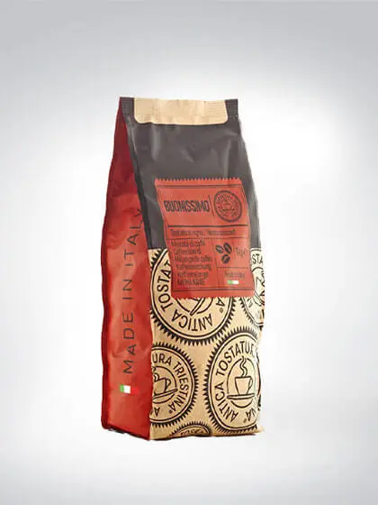 Verpackung des italienischen Bohnenkaffees Buonissimo, 1 kg, mit traditionellem Design und Beschriftung 'Made in Italy'.