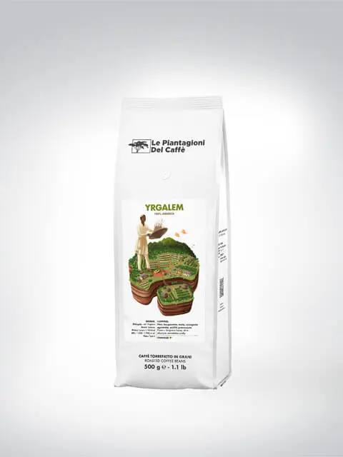 Packung des Le Piantagioni del Caffè Yrgacheffe YrgAlem Kaffee mit 500g Inhalt