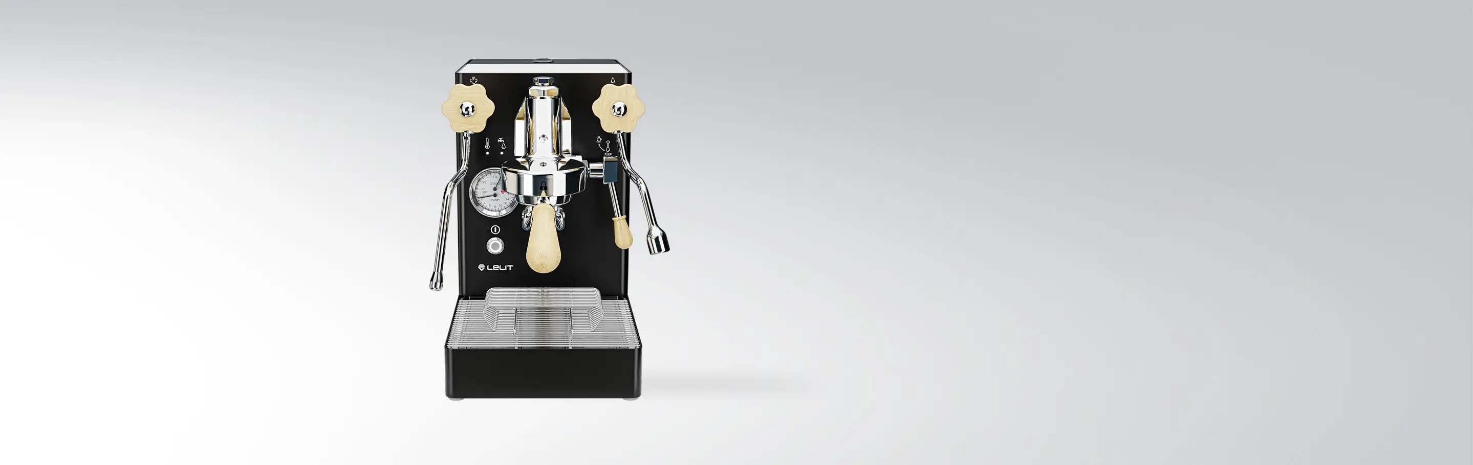 Stylish stainless steel espresso machine with black casing and wooden handles