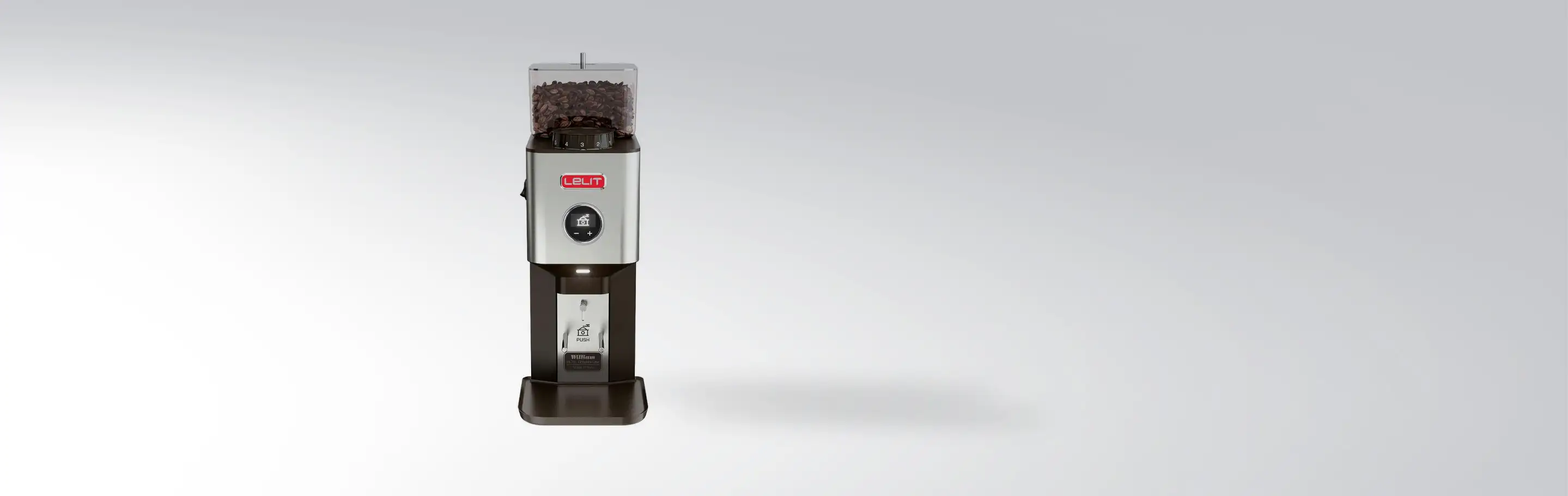 Silver and black Lelit coffee grinder with filled bean container