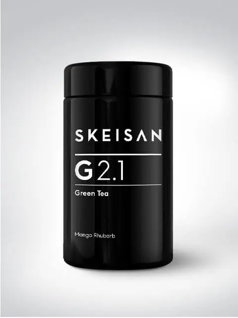 Schwarze Teedose mit der Aufschrift Skeisan G2.1 Green Tea Mango Rhubarb