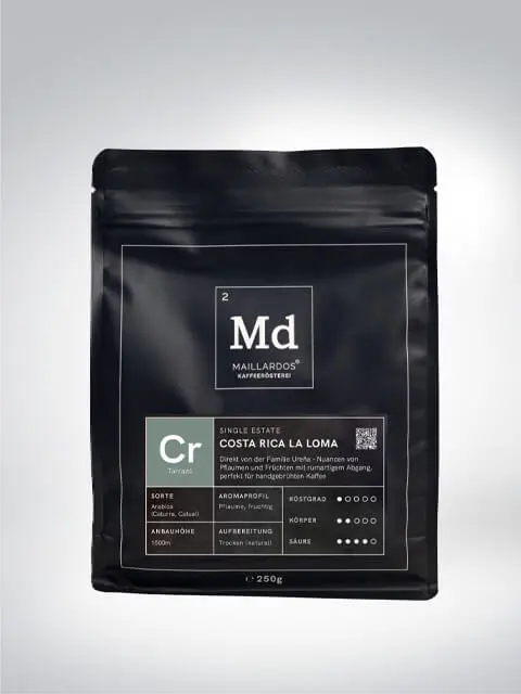 Eine schwarze Verpackung Maillardos Kaffee Costa Rica La Loma, 250g, mit Informationen zu Sorte, Aroma und Röstgrad.