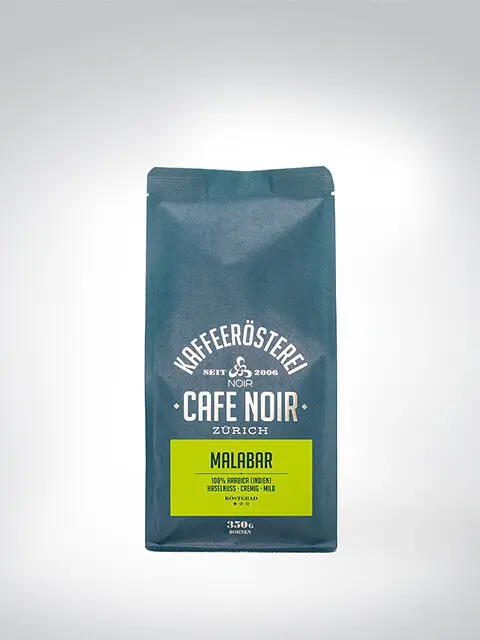 Verpackung des Cafe Noir Kaffeerösterei Kaffees, Sorte Malabar, 350g, aus Zürich. 100% Arabica mit mildem und cremigem Geschmack.