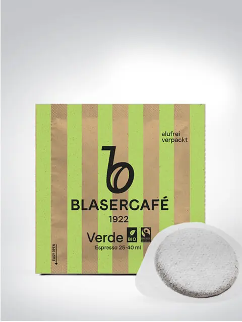 Packung Blasercafé Verde mit Espresso Pad, alufrei verpackt, Bio- und Fairtrade-zertifiziert