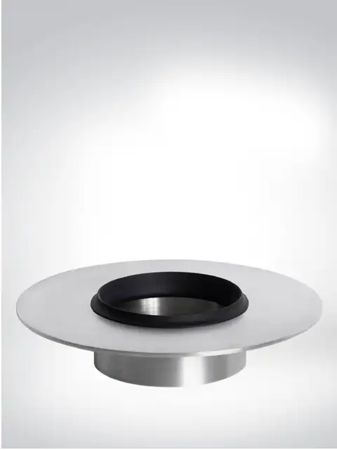 A round recessed spotlight made of stainless steel with a black mount, ideal for modern lighting solutions.