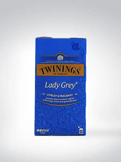 Verpackung von Twinings Lady Grey Tee mit 25 Teebeuteln, aromatischer Schwarzer Tee mit Zitrusnoten