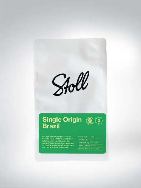 Verpackung von Stoll Kaffee Single Origin Brasilien, 100% Arabica, mit grünem Etikett.