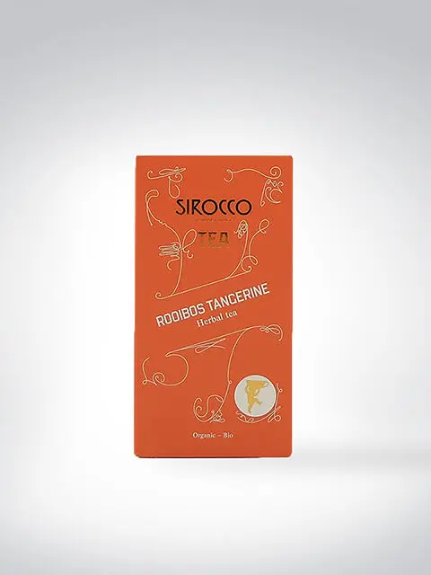 Verpackung des Sirocco Rooibos Tangerine Bio Kräutertees in orangefarbener Box