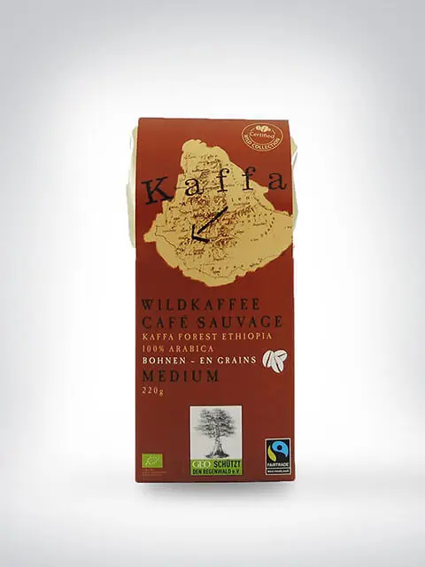 Verpackung von Kaffa Wildkaffee, 220g, mit Fairtrade-Siegel und 100% Arabica Bohnen aus Äthiopien