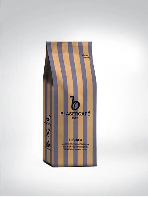 Verpackung Blasercafé Lussuria, gestreift in Blau und Gold