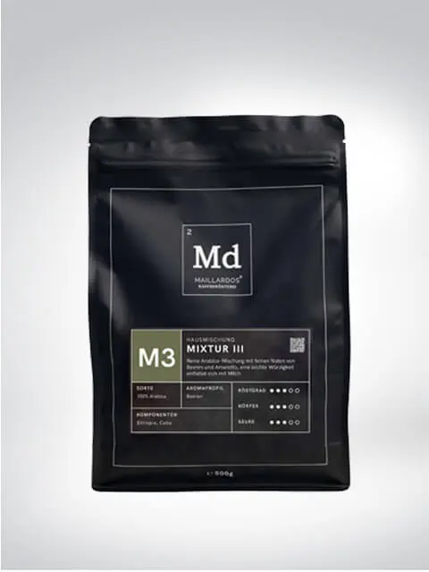 Verpackung der MailarDOS Kaffeehausmischung M3 - Mixtur III, 500g Arabica-Kaffeebohnen, mit Noten von Brombeeren, Cola und floralen Aromen.