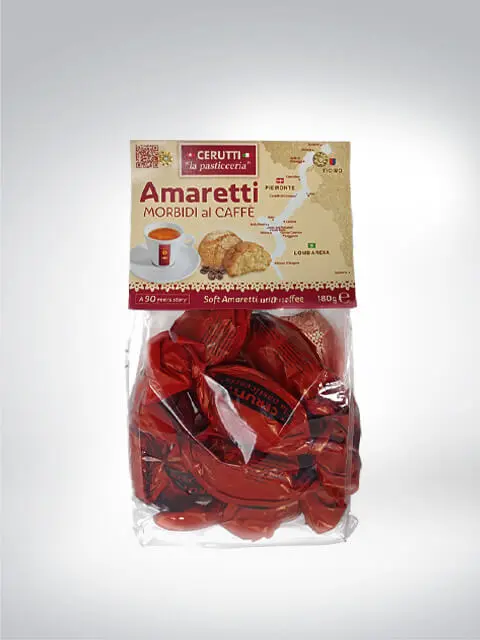 Verpackung von Cerutti Amaretti Morbidi al Caffè, weiche Amaretti mit Kaffeegeschmack, 180g