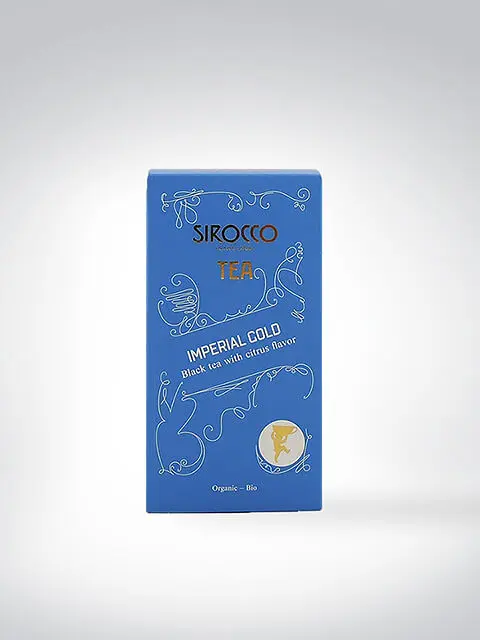 Verpackung von Sirocco Tea Imperial Gold, einem Bio-Schwarztee mit Zitrusgeschmack