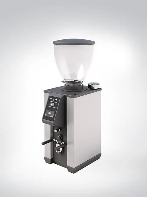 Moderne elektrische Kaffeemühle mit Edelstahlgehäuse und transparentem Bohnenbehälter