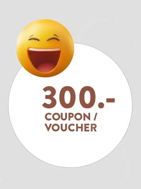 Image of a 300 Euro voucher with a laughing emoji