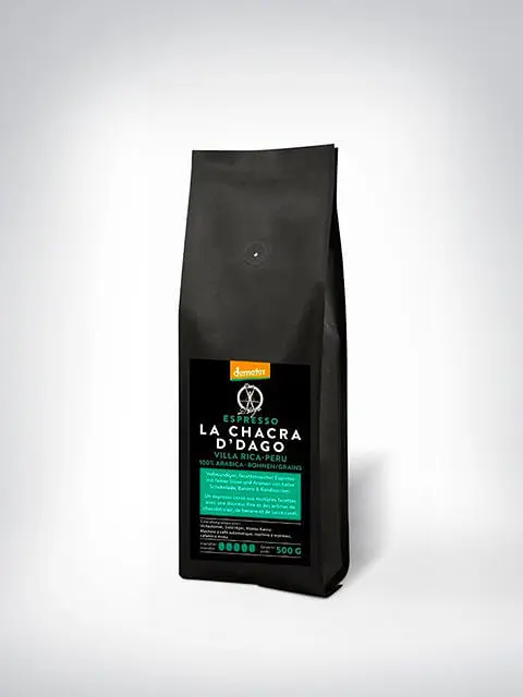 Packung La Chacra d'Dago Espresso aus Villa Rica, Peru, 500g, 100% Arabica-Bohnen