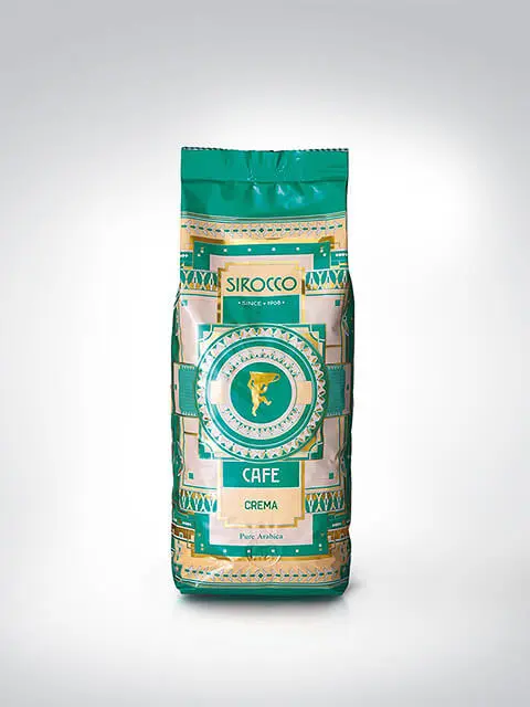 Packung Sirocco Café Crema, 250g, mit türkisfarbenem, kunstvollem Design