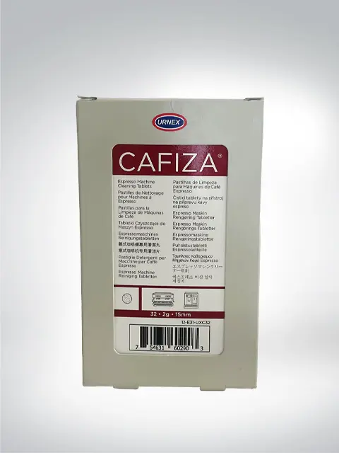 Box of Urnex Cafiza cleaning tablets for espresso machines, 32 pieces